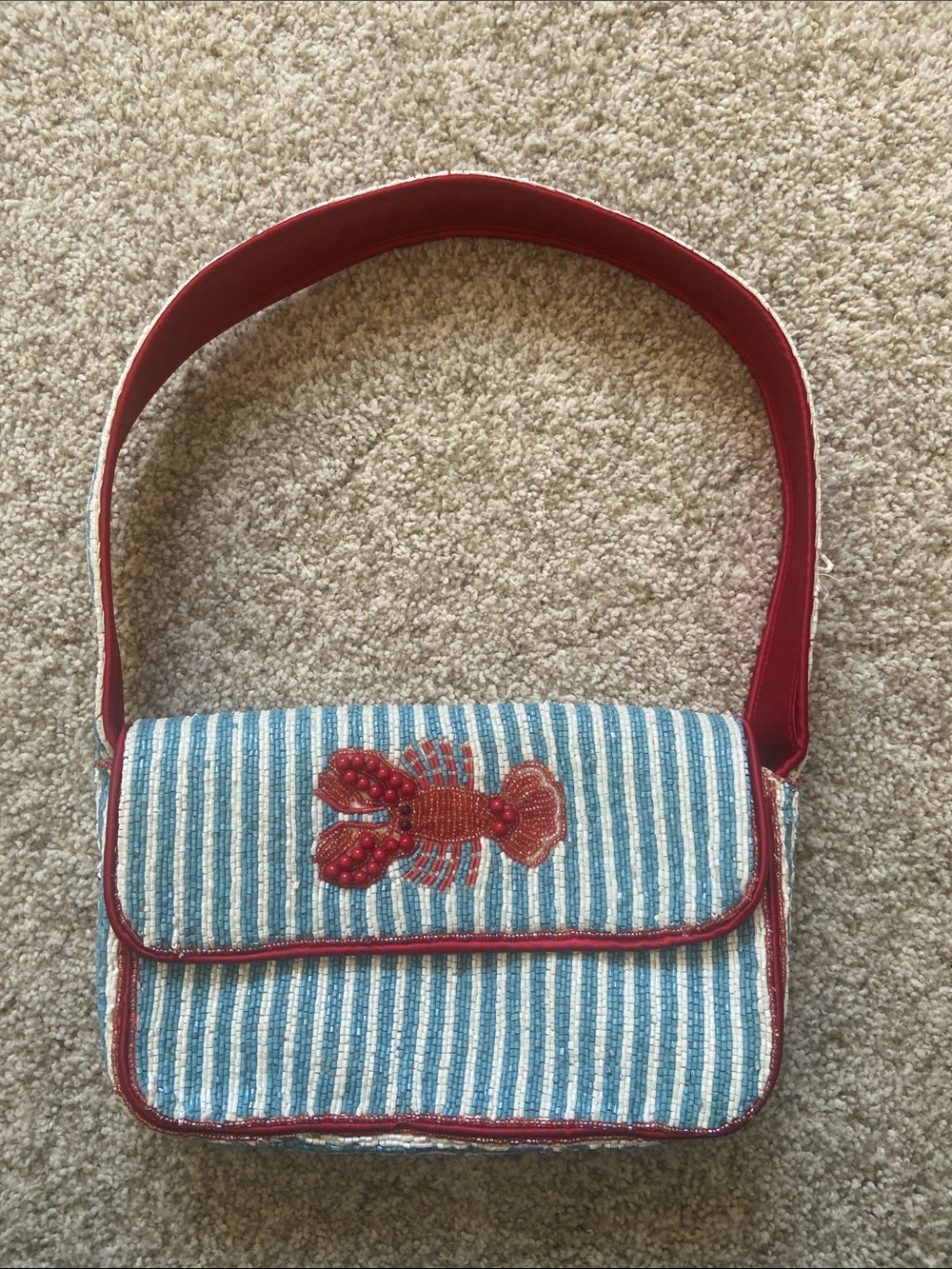 Blue-and-White Stripe Shoulder Bag with Red Lobster Accent